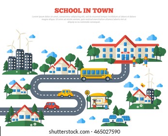 Road to School in Town Isolated on White Background. Vector Illustration. Education Concept with Flat Icons. Buildings, Yellow Bus and Kids.