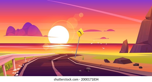 Road to sea beach sunset landscape. Mountain asphalt way with dusk seaview, curly empty highway with turn sign in rocky shore. Summer travel to ocean scenic background, Cartoon vector illustration