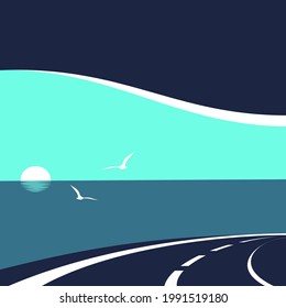 The road to the sea and the soaring gulls at sunrise. Vector illustration.