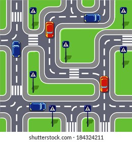 Road seamless pattern with cars, road signs, crossroads and grass area.