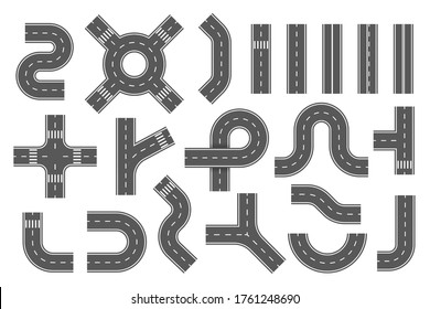 Road segments, parts set. City, town highway, route map creation kit. Way constructor with roundabout, direction, turn, crossroad, intersection elements. Vector road icon collection isolated on white.