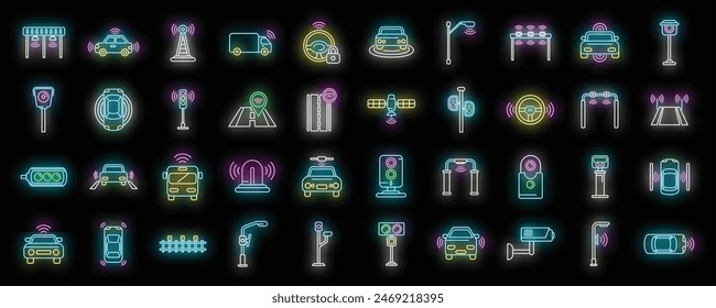 Road sensors icons set outline vector. Safety traffic. System control neon color on black