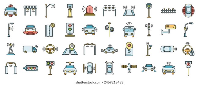 Road sensors icons set outline vector. Safety traffic. System control thin line color flat on white