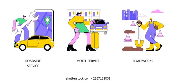 Road service abstract concept vector illustration set. Roadside service, highway motel, bed and breakfast, rooms for rent, road works, mechanical repair, help to driver abstract metaphor.