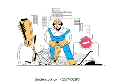 Road Service Worker Vector Illustration. Man In Headphones Working With Jackhammer Tool Flat Style. Blocked Road With Signs. Asphalt Repair Concept. Isolated On White Background