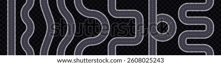 Road set isolated. Vector illustration. Top view, view from above. City street map collection. Asphalt seamless highway elements constructor. Road marking. Easy brush creation.