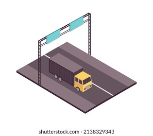 Road set isometric composition with view of motorway with moving truck and traffic signs on frame vector illustration
