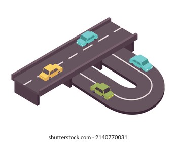 Road set isometric composition with view of motorways with flyover and moving cars vector illustration