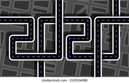 Road in the shape of figures vector icon. 2020 year with city silhouette top view concept.