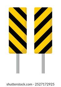 Road side hazard marker sign in yellow and black color with left, right hazard marker. Warning yellow black diagonal stripes line. Safety stripe warning caution hazard danger signboard.