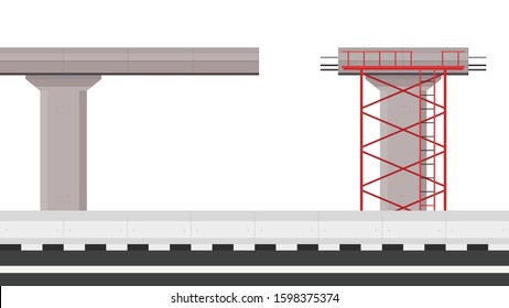 Road side vector. Scaffolding vector. Bridge pillar. Construction. Bridge posts under construction. Road fence. Bridge over the way.