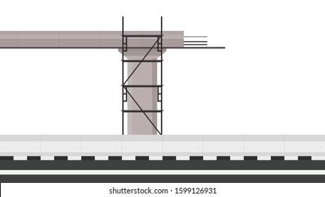 Road side vector. Scaffolding vector. Bridge pillar. Construction. Bridge posts under construction. Road fence.  Bridge over the way.
