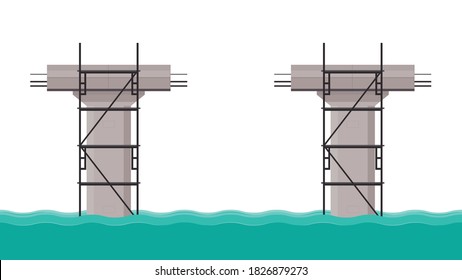 Vector de carretera. Vector de plegado de cisne. Pilar puente. Puentes en construcción. Alambre de carreteras. Puente por el camino. Inundación en las carreteras.