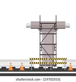 Road side vector. Scaffolding vector. Bridge pillar. Construction. Bridge posts under construction. Road fence.  Bridge over the way. Barricade block vector.