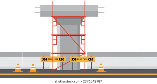 Straßenseitiger Vektor. Gerüst-Vektorgrafik. Brückenpfeiler. Baugewerbe. Brückenstellen im Bau. Straßenzaun. Brücke über den Weg. Barricade Block Vektor.