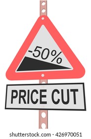  road sign with 50% discount message and sale alert