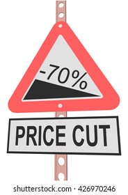 road sign with 70% discount message and sale alert