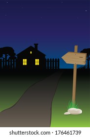 Road sign against the night village