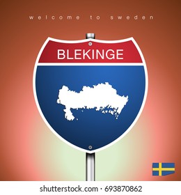 A road sign American Style with state of Sweden with brown background and message, BLEKINGE and map, vector art image illustration