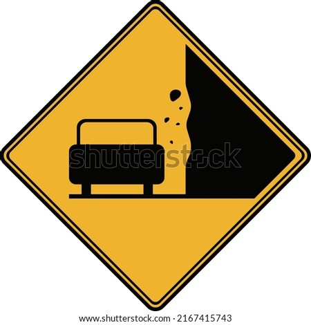 A road sign, an area where landslides and rockfalls occur. Warning to motorists on the road. Vector image.