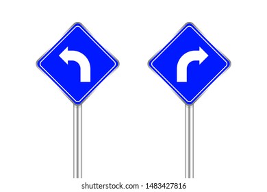 road sign of arrow pointing bend to left and right, traffic road sign blue color isolated on white, traffic sign turn left and right, warning caution sign and steel pole for direction signpost the way