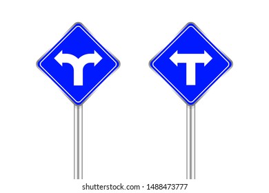 road sign of arrow pointing bend to left and right, traffic road sign blue color isolated on white, traffic sign turn left and right, warning caution sign and steel pole for direction signpost the way