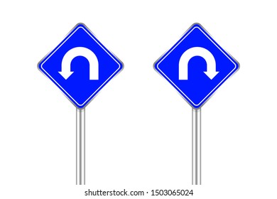 road sign of arrow pointing left and right u-turn, traffic road sign u-turn left and right isolated on white, warning caution sign and steel pole of direction signpost the way, traffic road sign blue