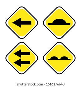 Road sign of arrow pointing two way traffic ahead and crossroad, traffic road sign yellow color isolated on white, warning caution sign and steel pole for direction signpost the way