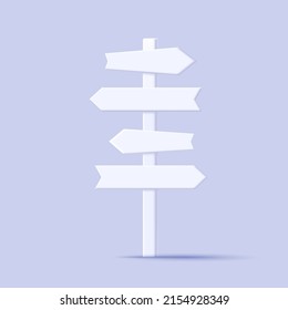 Road sign with arrows with direction, white 3d illustration, blank shapes. Vector illustration