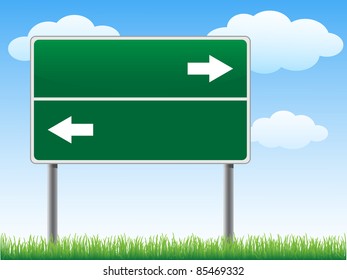 Road sign with arrows on sky background clouds vector.