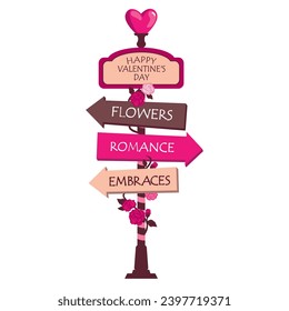 A road sign with arrows for Valentine's Day. Romantic pointer with blooming roses with inscriptions on the arrows Happy Valentine's Day, hugs, flowers, romance. Illustrated vector clipart.