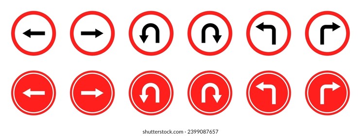 Road sign arrows vector set. Road navigation arrows. Turn arrow icons. Way direction arrow sign