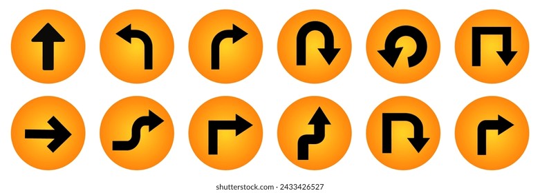 Wegzeichen Pfeile Vektor gesetzt. Schwarzer und gelber Pfeil runder Kreis Verkehrszeichen Richtung Icon Set.	
