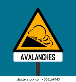 Road sign avalanches. Snowslide or snowslip rapid flow of snow down a sloping surface. Triangular alert road sign caution about danger. Warning traffic board vector information for car drivers