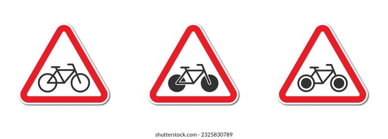 Road sign with bike. Triangular road sign with shadow. Vector illustration.