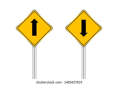 road sign of black arrow pointing up and down, traffic road sign yellow isolated on white, yellow traffic sign ahead and down, warning caution sign and steel pole for direction signpost the way