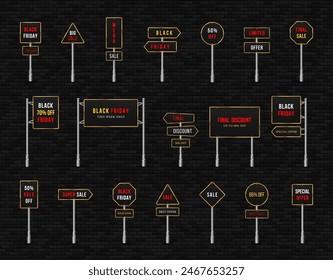 Road sign for Black friday. Signage, warning sign for special discount offer design. Product discount festival. Design template for Black Friday sale, advertising and social media.