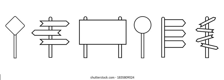 Road sign black line icon set. Signpost outline linear symbol group isolated on the white background
