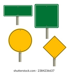 road sign blank template. Road sign set traffic blank sign mockup blank. Highway signs.  Green pointers on the road, traffic control signs and road direction signboards. Vector illustration