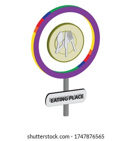 road sign board eating pla...D...vintage vector  label  is a piece of paper,plastic film,cloth,metal or other material affixed to a container or product.
