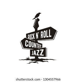 Road Sign Board Guitar with Raven Crow Bird Silhouette for Country Rock n Roll Jazz Music Genre illustration logo