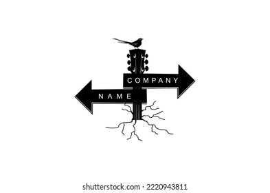 Road Sign Board Guitar with Raven Crow SBird Silhouette for Country Rock n Roll Jazz Music Genre illustration logo