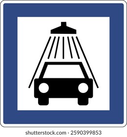 Road sign car wash. Informs drivers about the presence a place nearby where they can wash their vehicle. Indicates the location a car wash next to the road.