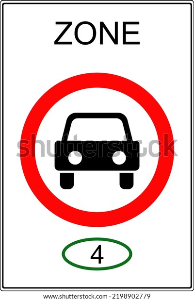 Road sign. A car in a white\
circle with a red frame with the inscription zone. A zone with a\
restriction of the ecological class of motor vehicles. Vector\
image.