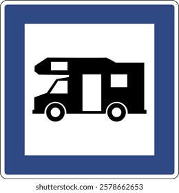 Road sign for caravan camping. Indicates a place intended for parking caravans. Parking for motorhomes.