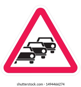 Road sign, Caution traffic column . Traffic jam, vector icon. Car column in red triangular frame. Group of black silhouette of cars.