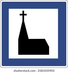 Road sign church. Information sign. Informs drivers about the presence a nearby religious object such as a church cathedral or chapel.