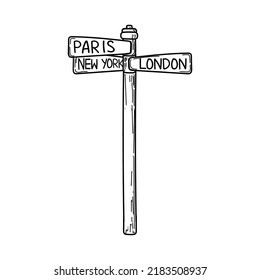 A road sign for the city. Hand-drawn doodle-style element. Tourism. Paris, London, New York. Signpost which way is the city. Vector simple image on white background.