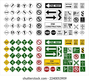 Road Sign Collection Fully Editable Vector Icons In Black And White, Green, Yellow, Red Color
