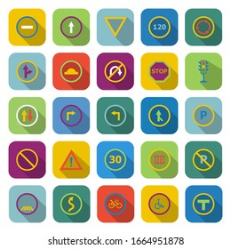 Road sign color icons with long shadow, stock vector